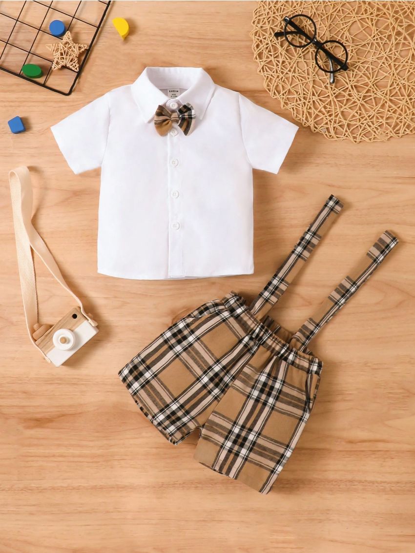 Baby Boy's Plaid Bowtie Short Sleeve Suspender Pants Gentleman Outfit