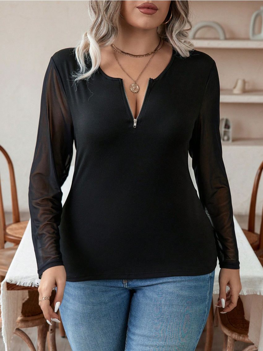 SHEIN Privé Plus Contrast Mesh Sleeve Half Zip Tee