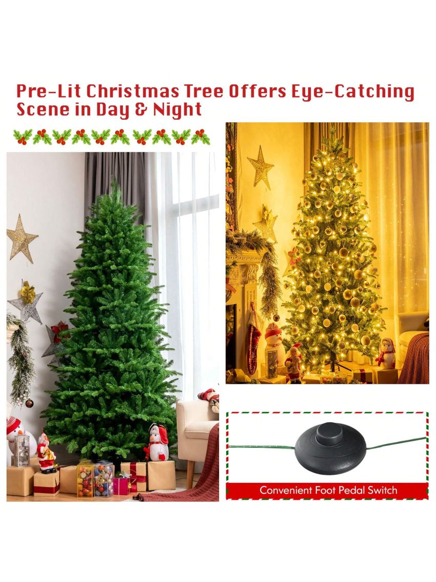 Costway 8FT Pre-Lit Hinged Christmas Tree 3402 PE & PVC Tips w/ 620 Lights & Foot Switch