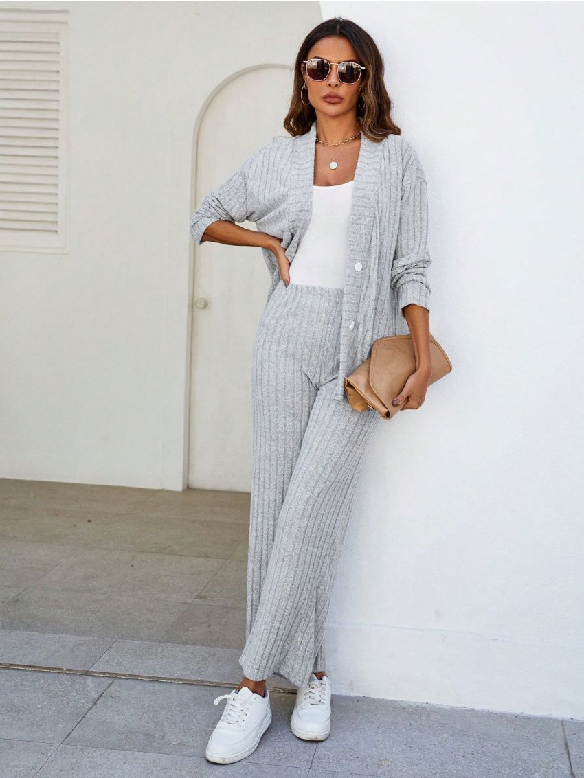 SHEIN Essnce Ladies' Slim Fit Single-Breasted Ribbbed Blazer And Pants Set