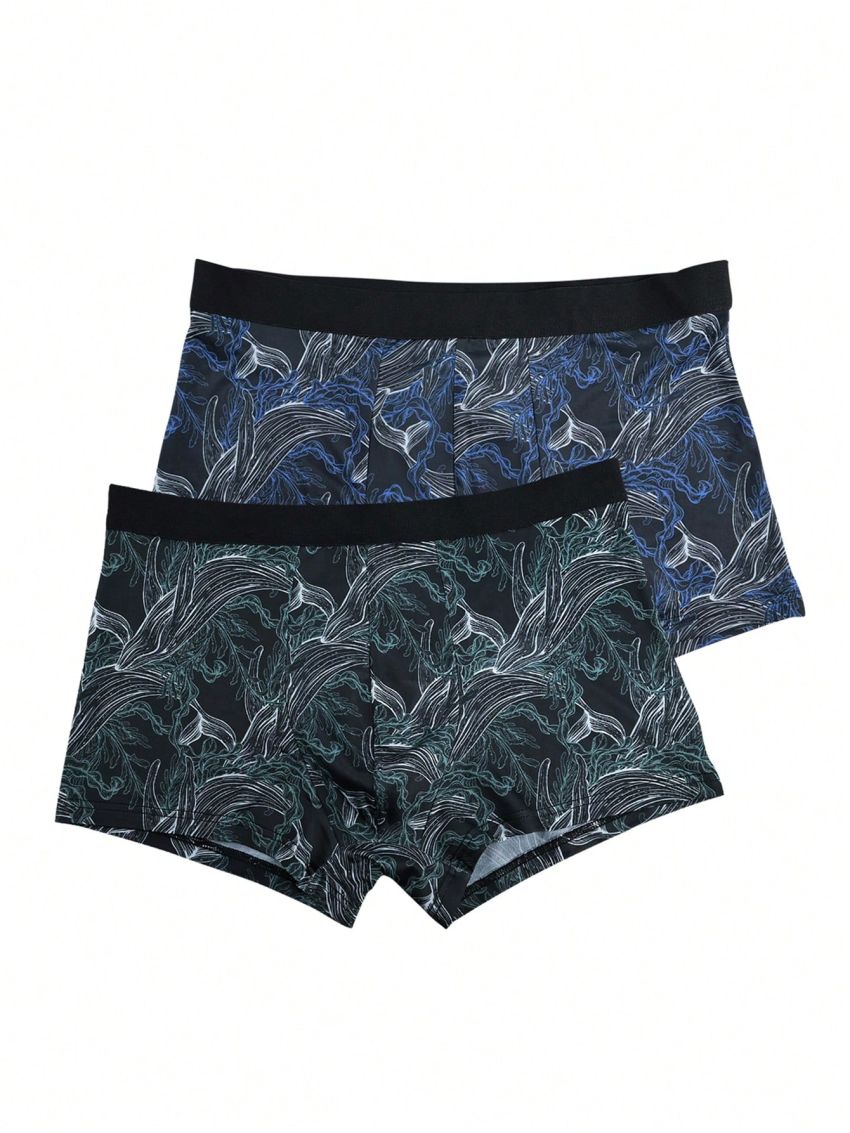 Men's Full-surface Printed Woven Belt Patchwork Flat Angle Underwear (2pcs Combination)