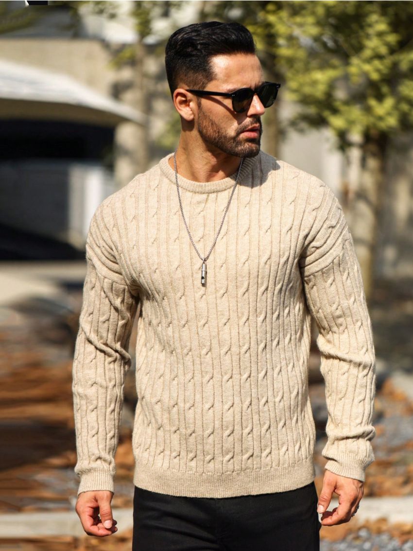 Manfinity Homme Men's Solid Color Twisted Flower Knitted Sweater