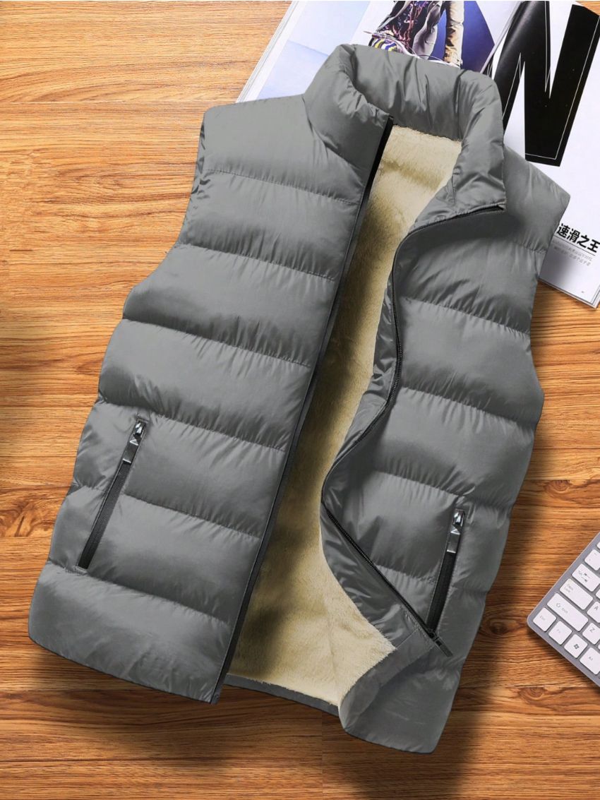 Manfinity Homme Men's Plus Size Sleeveless Hoodless Zipper Closure Warm Jacket In Grey