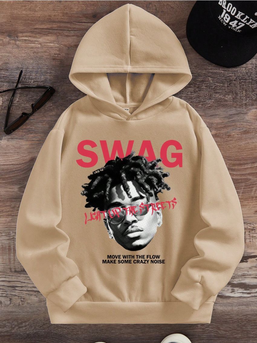 SHEIN Tween Boys Casual Patterned Long Sleeve Hoodie, Suitable For Autumn And Winter