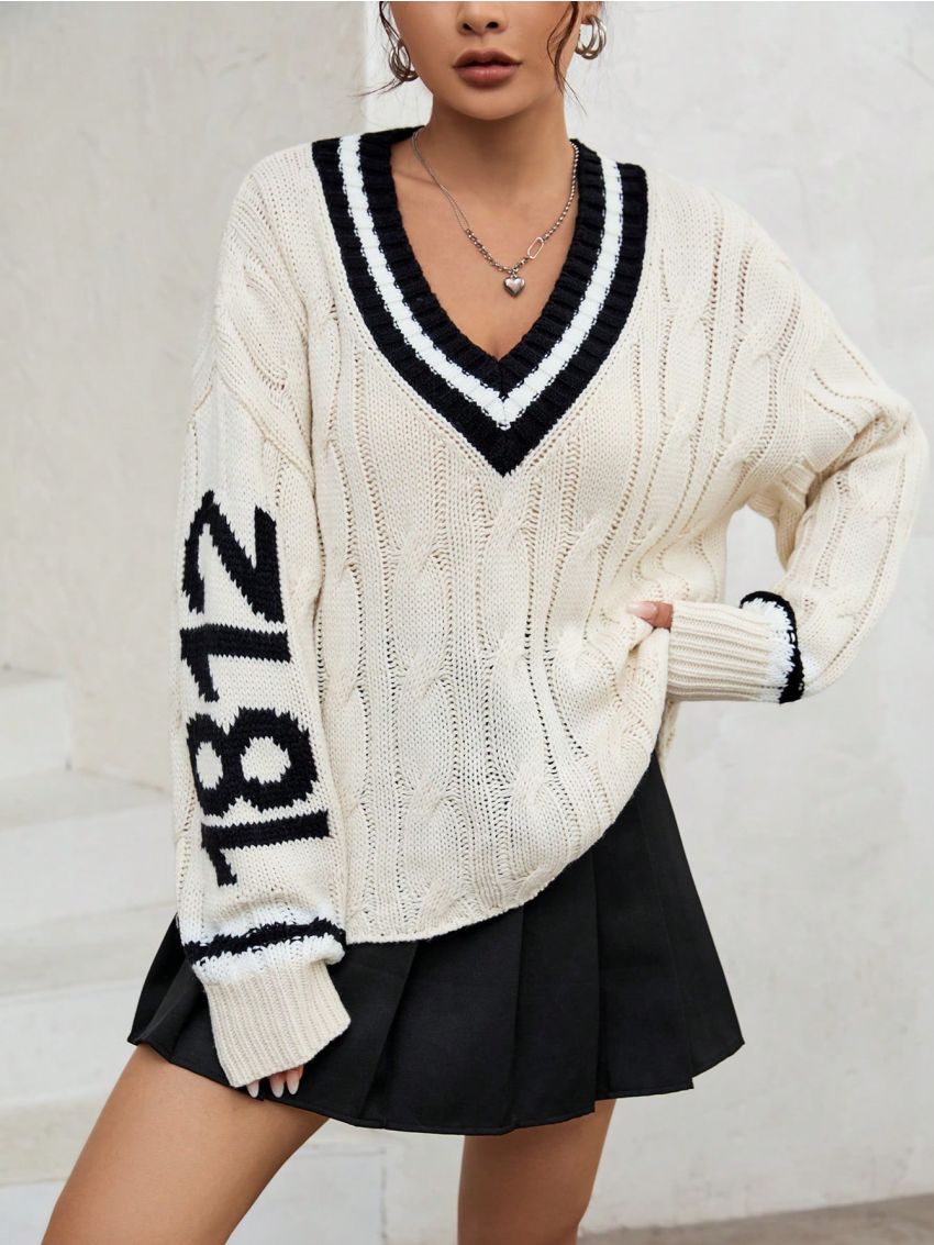 SHEIN Qutie Letter Pattern Striped Trim Drop Shoulder Cable Knit Sweater