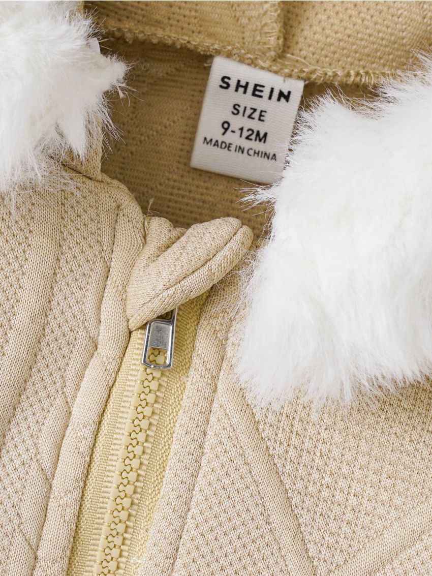 Infant Girls' Fuzzy Trim Hooded Drawstring Weave Jacket