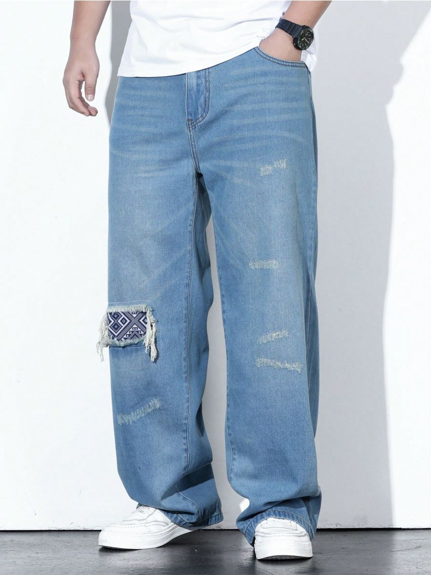 Extended Sizes Men's Plus Size Straight Leg Jeans With Geometric Patchwork Design