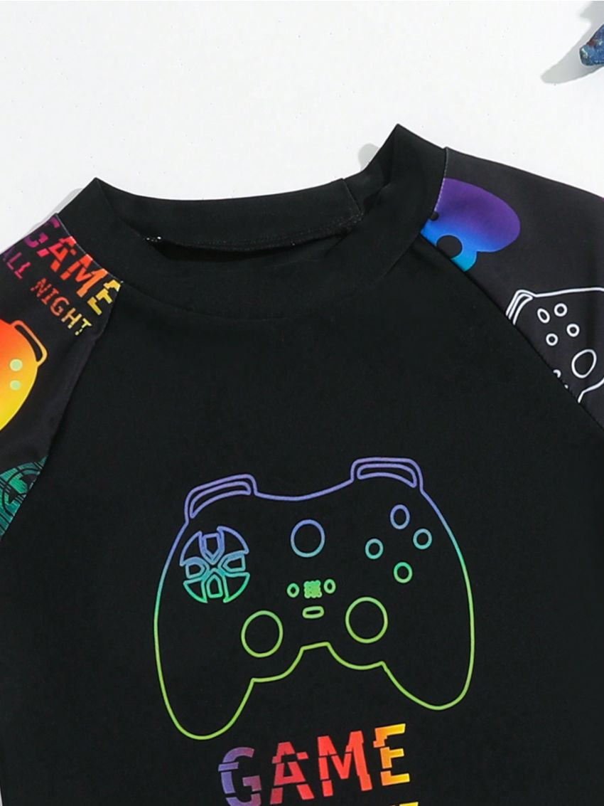 Little Boys' Video Game Console & Letter Print Short Sleeve Shorts Separate Swimwear