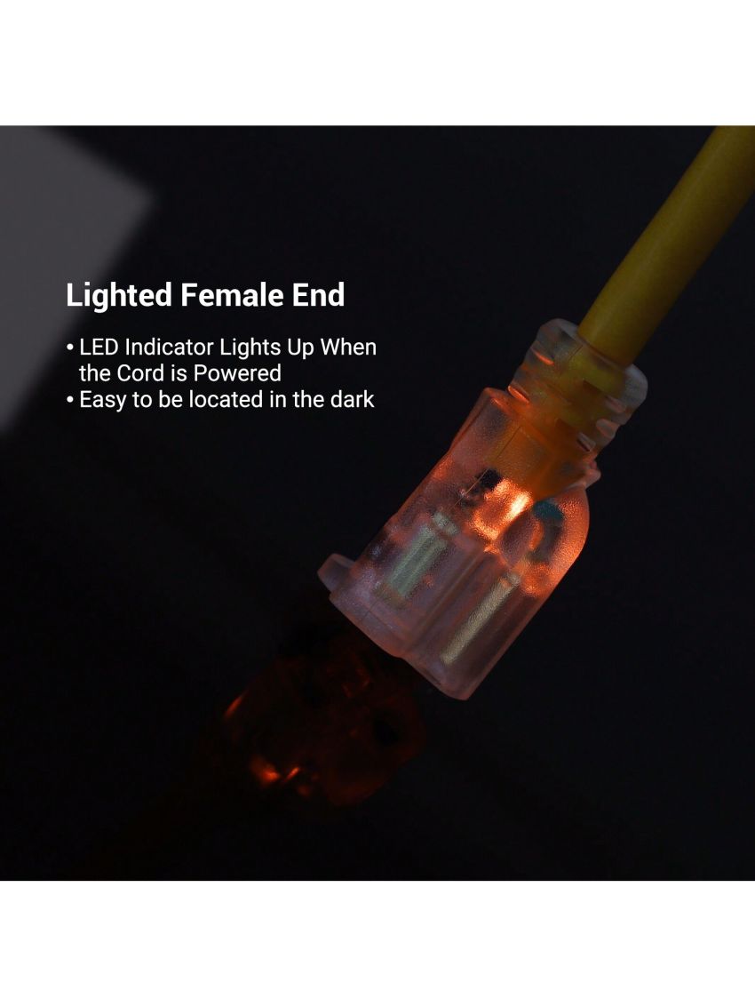 DEWENWILS 12/3 Gauge Indoor/Outdoor Extension Cord with LED Lighted End, SJTW 15 Amp/125V/1875W Yellow Outer Jacket Contractor Grade Heavy Duty Power Cable with Grounded Plug, ETL Listed