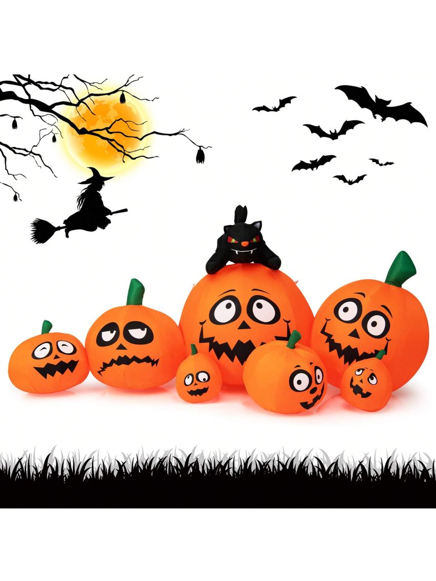 Gymax 9.5FT Long Halloween Inflatable Pumpkin & Black Cat Yard Decor w/ LED Lights