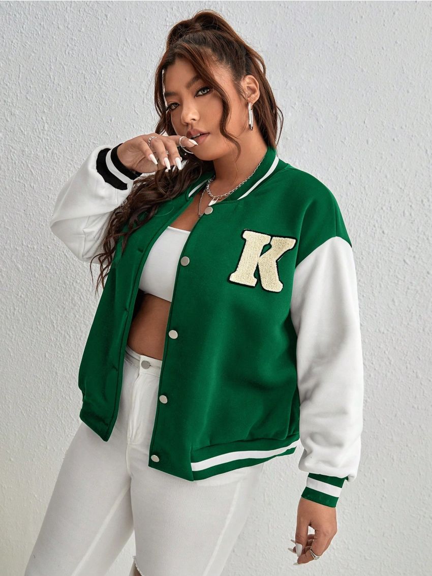 SHEIN Essnce Plus Size Color Block Baseball Jacket With Letter Patch