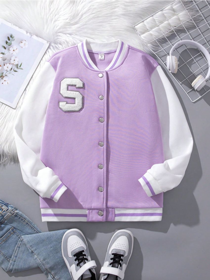 Teen Girls' Casual Street-Style Simple College Alphabet Color-Block Jacket