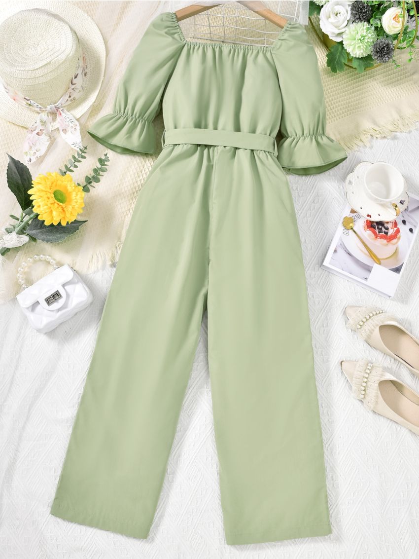 SHEIN Kids EVRYDAY Girls Flounce Sleeve Belted Wide Leg Jumpsuit