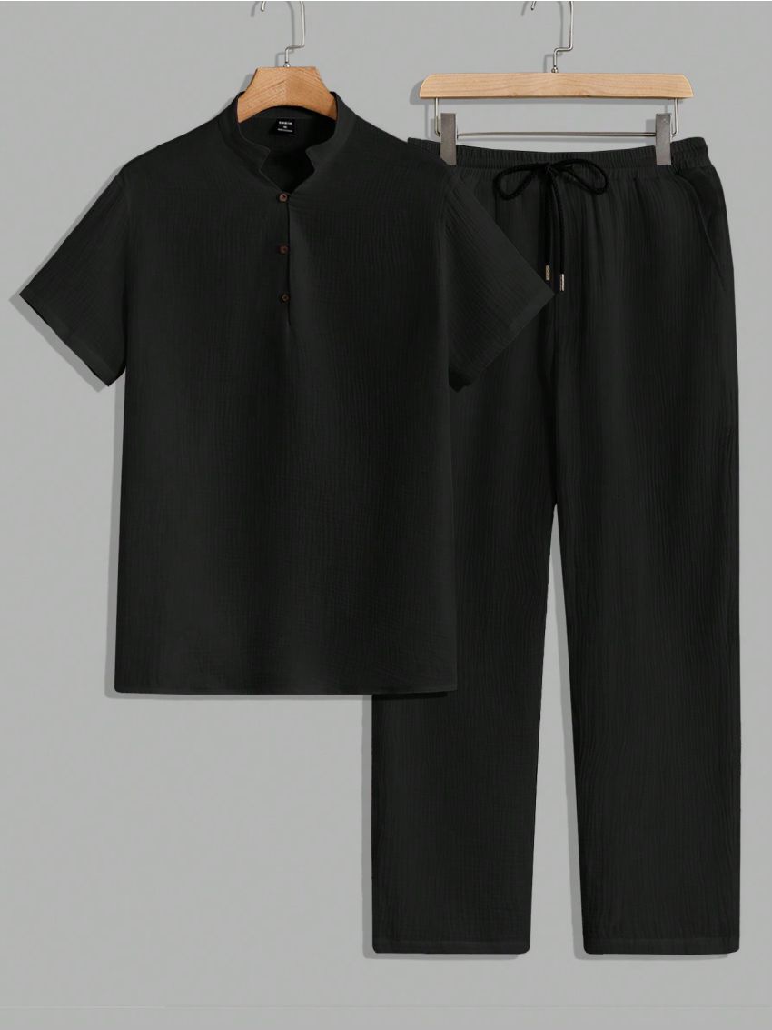 SHEIN Men Solid Half Button Shirt & Drawstring Waist Pants