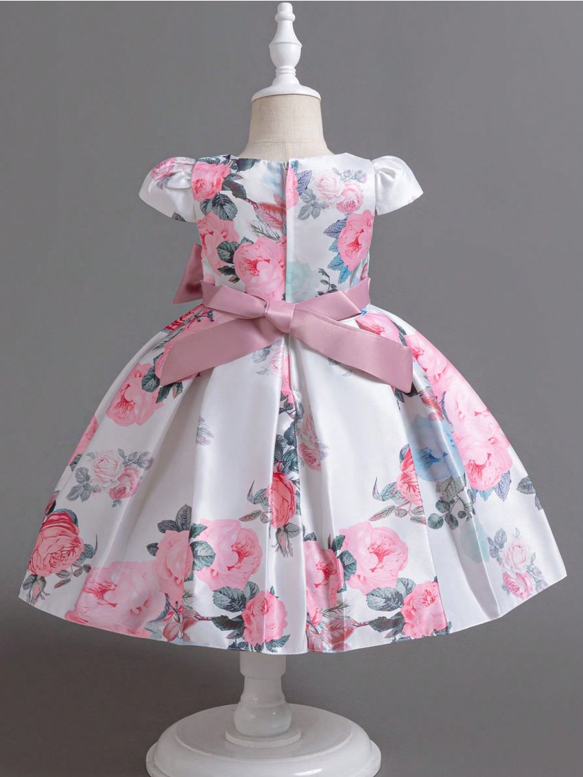 Young Girl's Party Dress With Flower Pattern, Bowknot Decoration And Fluffy Skirt For Performance