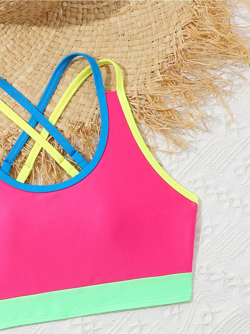 Tween Girl Colorblock Round Neck Top & Shorts Swimsuit Set