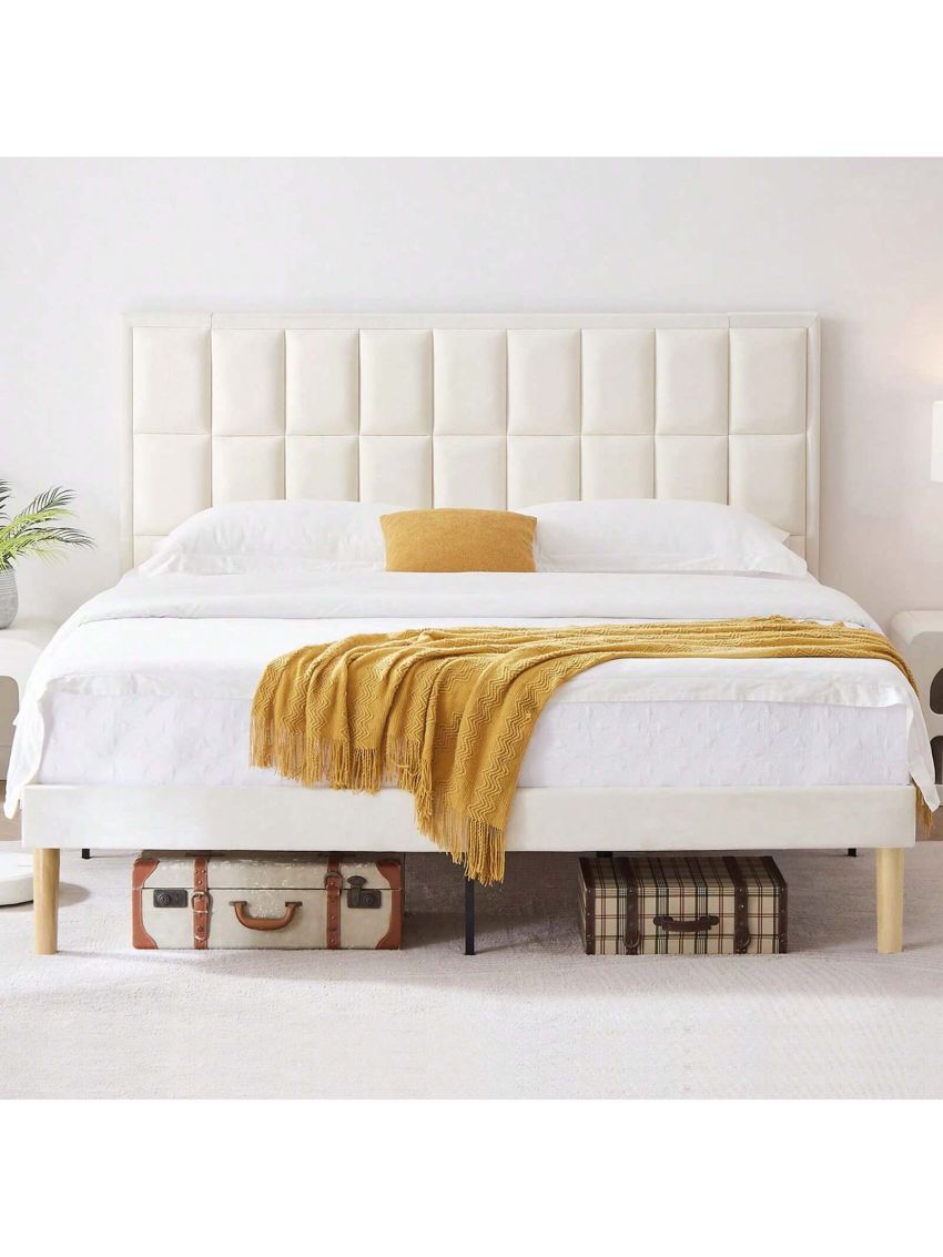 Flolinda King Bed Frame Cozy Velvet Upholstered King Size Bed Frame Modern King Bed Frame and headboard Strong 42pcs Slats 13 Bed Feet Support no Box Spring Needed Easy Assembly, White