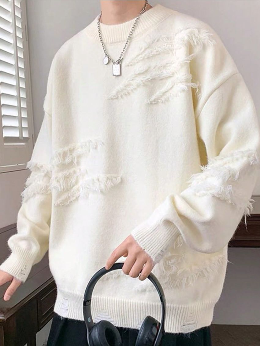 Manfinity EMRG Men's Solid Color Distressed Round Neck Sweater