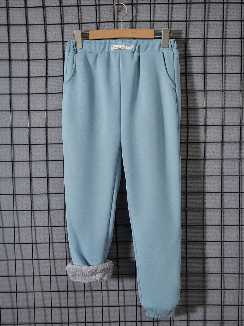 Tween Boys' Letter Patched Casual Simple Warm Fleece-Lined Jogger Pants
