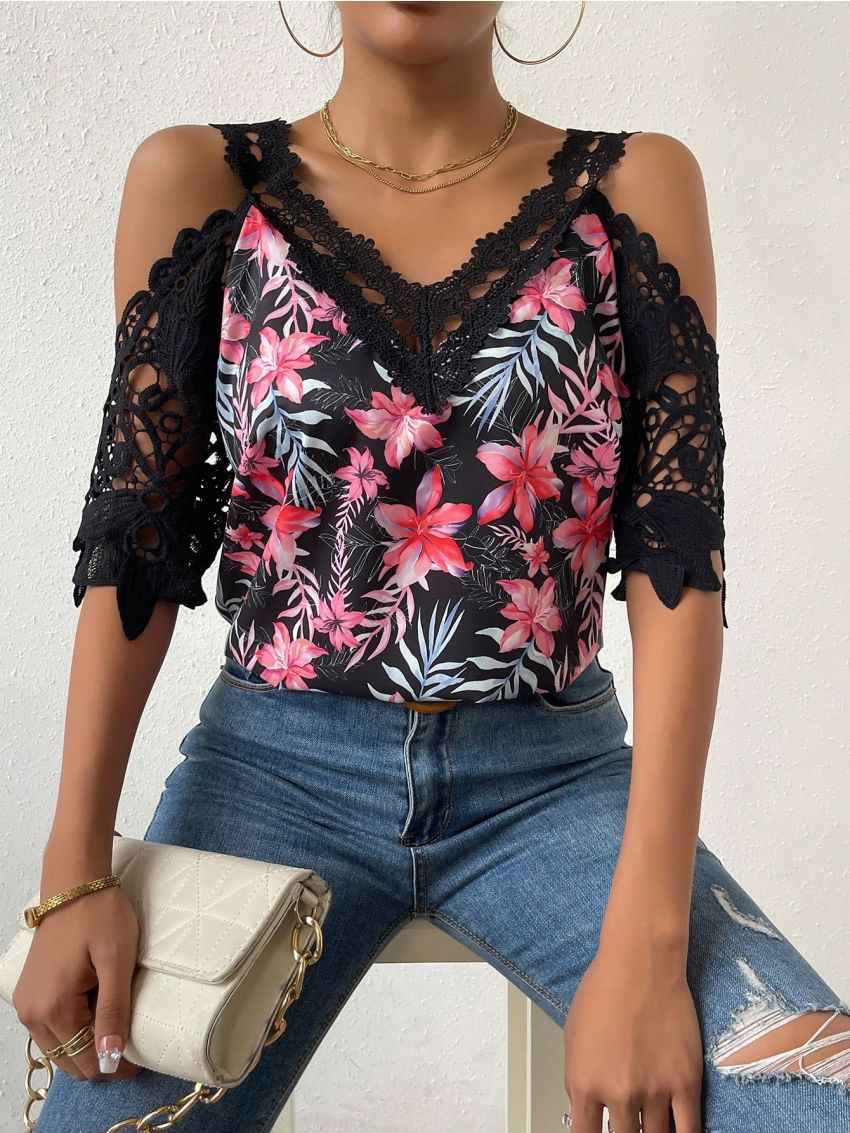 SHEIN VCAY Tropical Print Guipure Lace Panel Cold Shoulder Blouse
