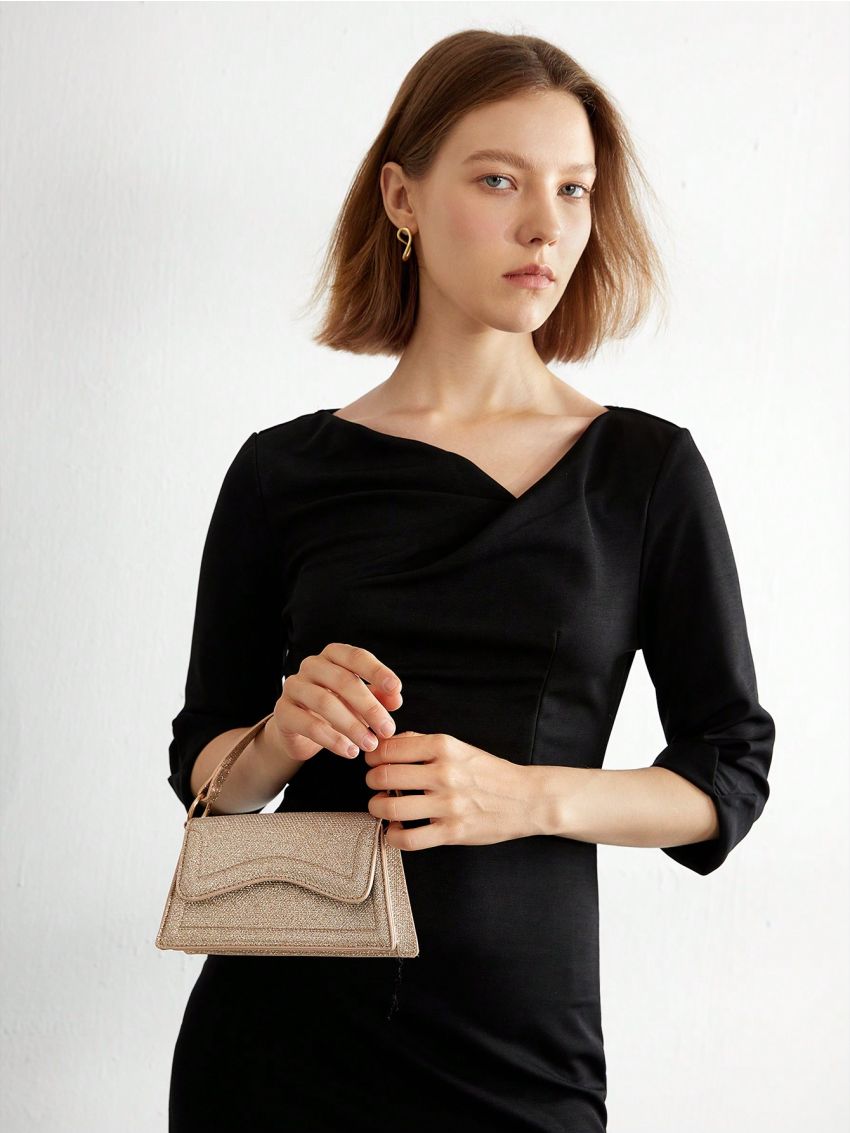 SHEIN BIZwear Women's Golden Flap Handbag, Compact And Delicate Design, Suitable For Dating, Parties, Dinners, Gatherings And Commuting