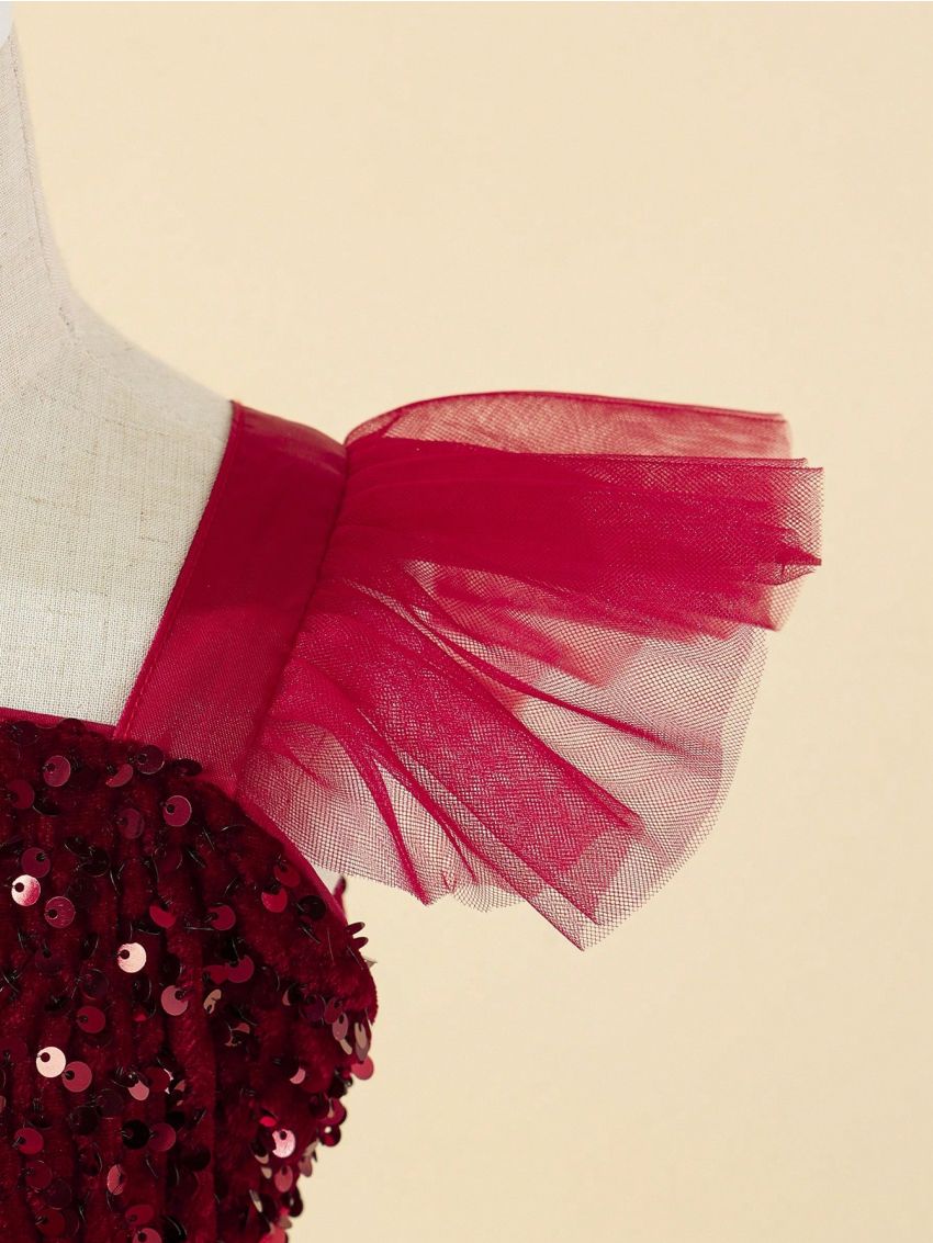 Little Girl's Asymmetric Neckline Sequin Panel Dress With Bow Decoration