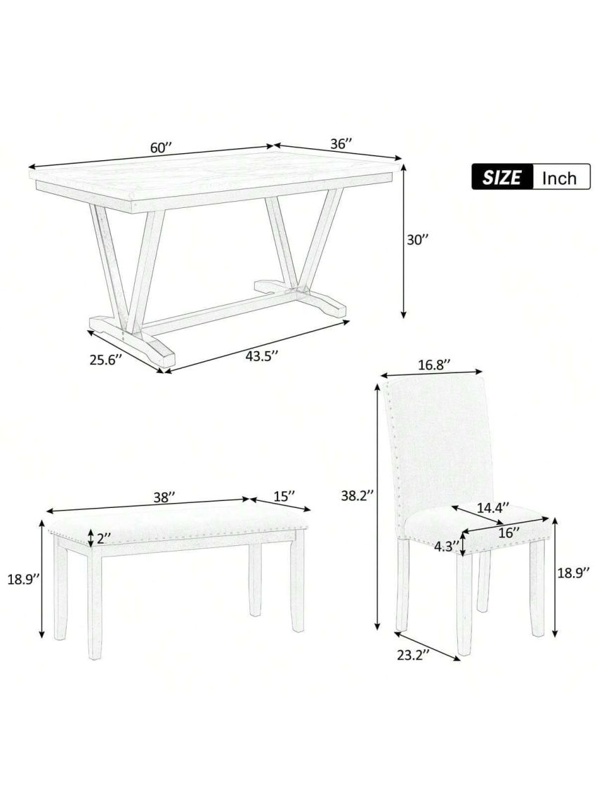 Merax Modern Style 6-piece Dining Table with 4 Chairs & 1 Bench, Table with Marbled Veneers Tabletop and V-shaped Table Legs (White)