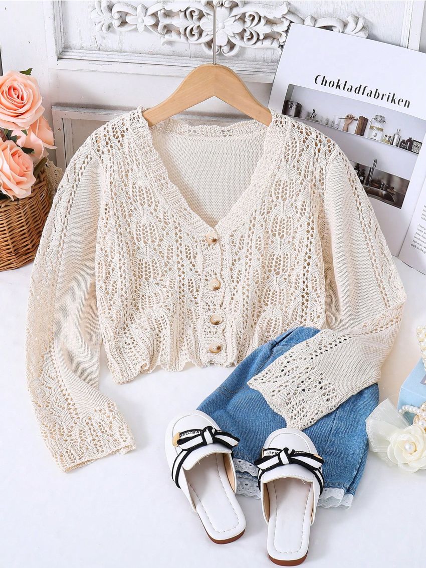 Tween Girl Long Sleeve Hollow Out Cardigan With Open Front
