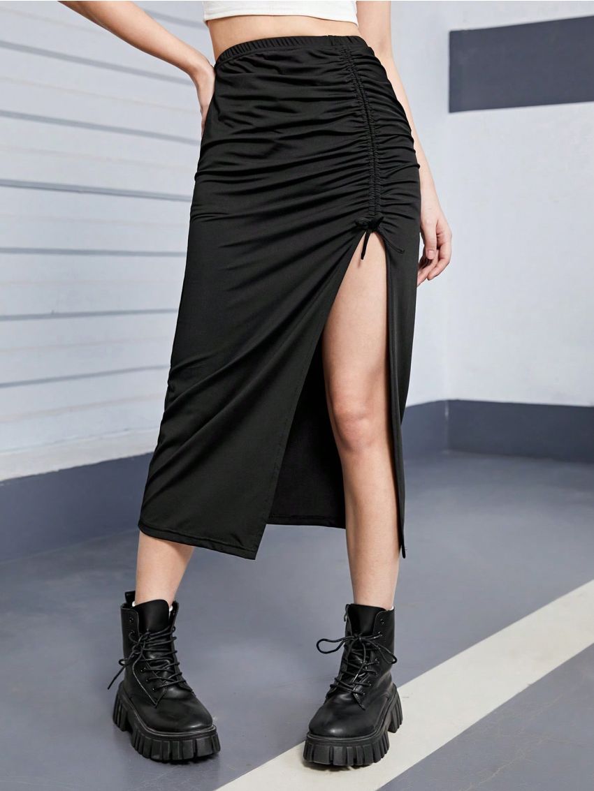 Teen Girl Solid Color High Split Casual Midi Skirt