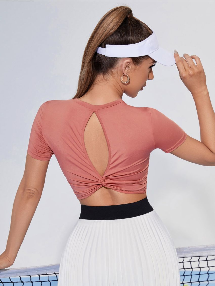 Solid Twist Cutout Back Crop Sports Tee