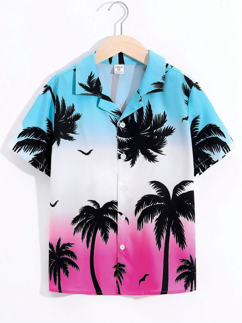 SHEIN Boys' Vacation Coconut Tree Printed Collared Loose Woven Shirt
