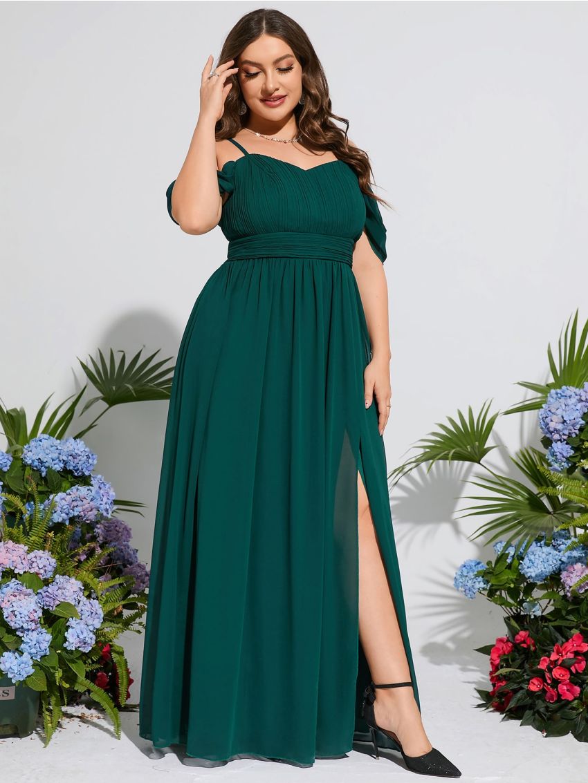 Plus Cold Shoulder Ruched Split Thigh Chiffon Bridesmaid Dress
