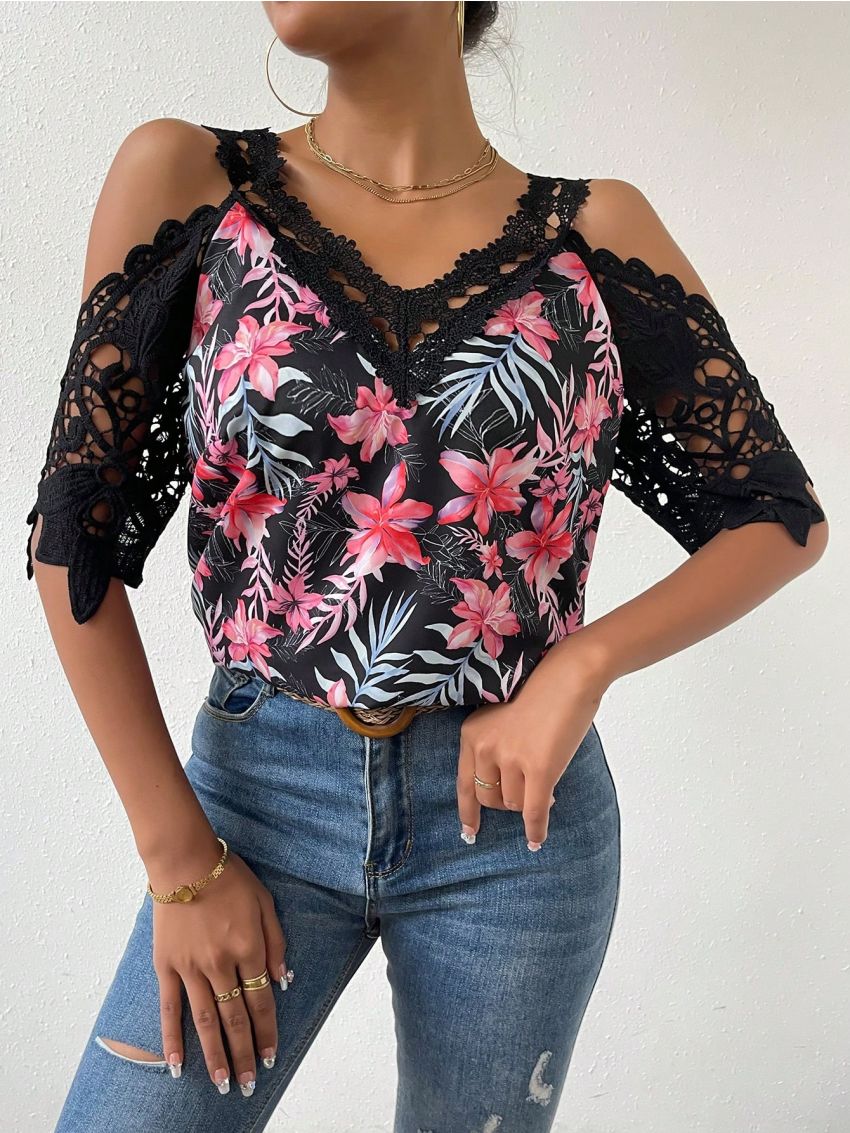 SHEIN VCAY Tropical Print Guipure Lace Panel Cold Shoulder Blouse