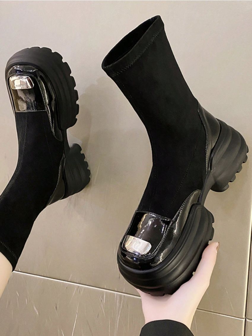 Fashionable High Heel Elastic Boots For Women With Platform Thick Heel And Waterproof Sole, One Foot Motorcycle Boots, Autumn/winter New Arrival