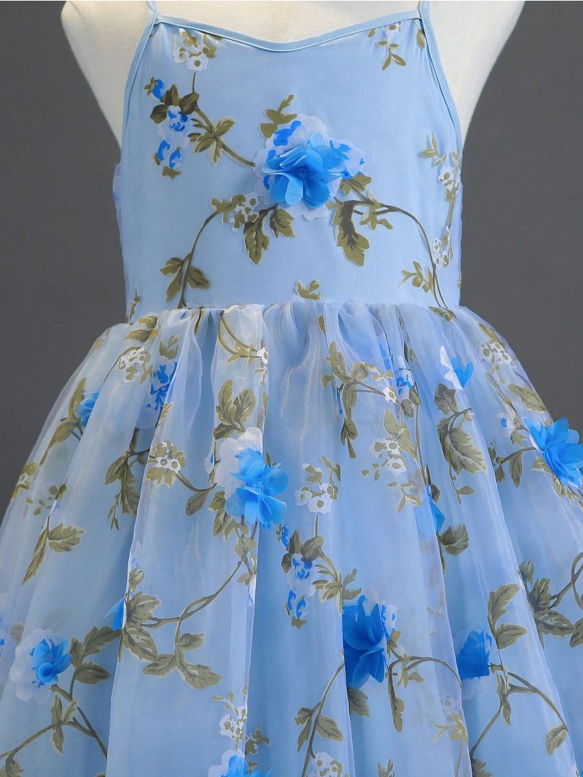 Tween Girls' Dress With Strap, 3d Flower Embellished Tulle Skirt, Ideal For Performance, Wedding, Party, Birthday