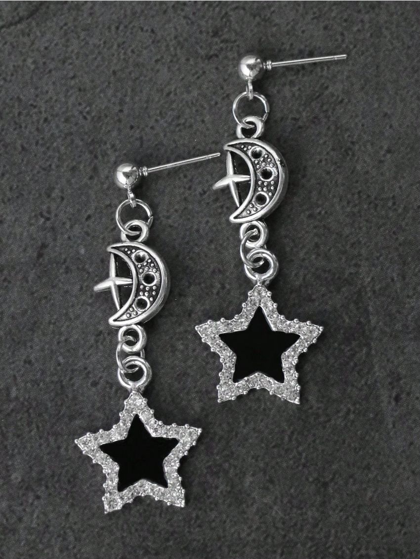 Goth 1 pair European And American Gothic Style Black Dripping Oil Rhinestone Star Pendant Earrings
