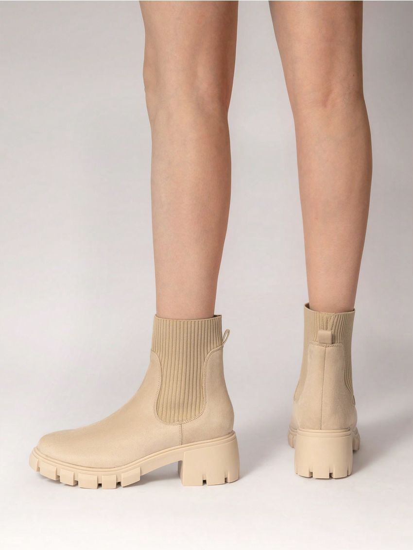 Women's Outdoor Faux Suede 6cm Chunky Heel Round Toe Slip-resistant & Wear-resistant Chelsea Boots, Autumn & Winter