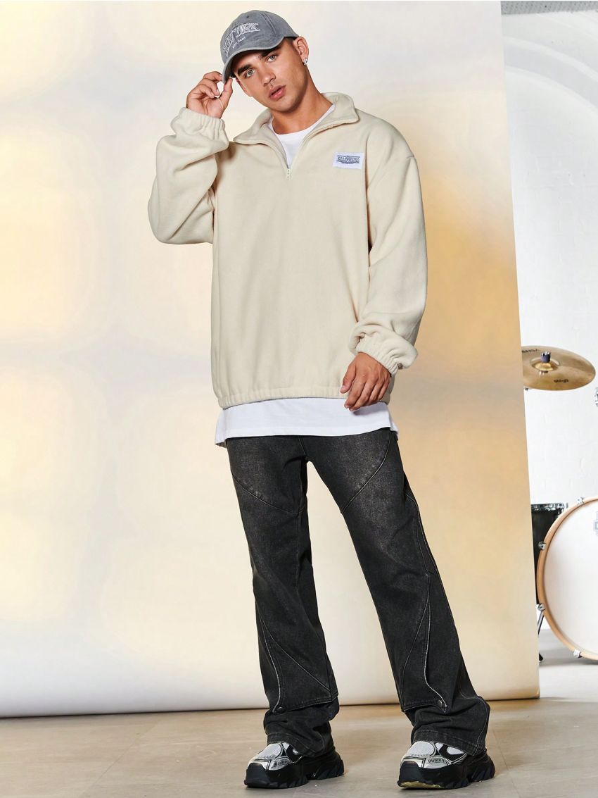 SHEIN Manfinity EMRG Men Letter Patched Detail Drop Shoulder Quarter Zip Fleece Sweatshirt