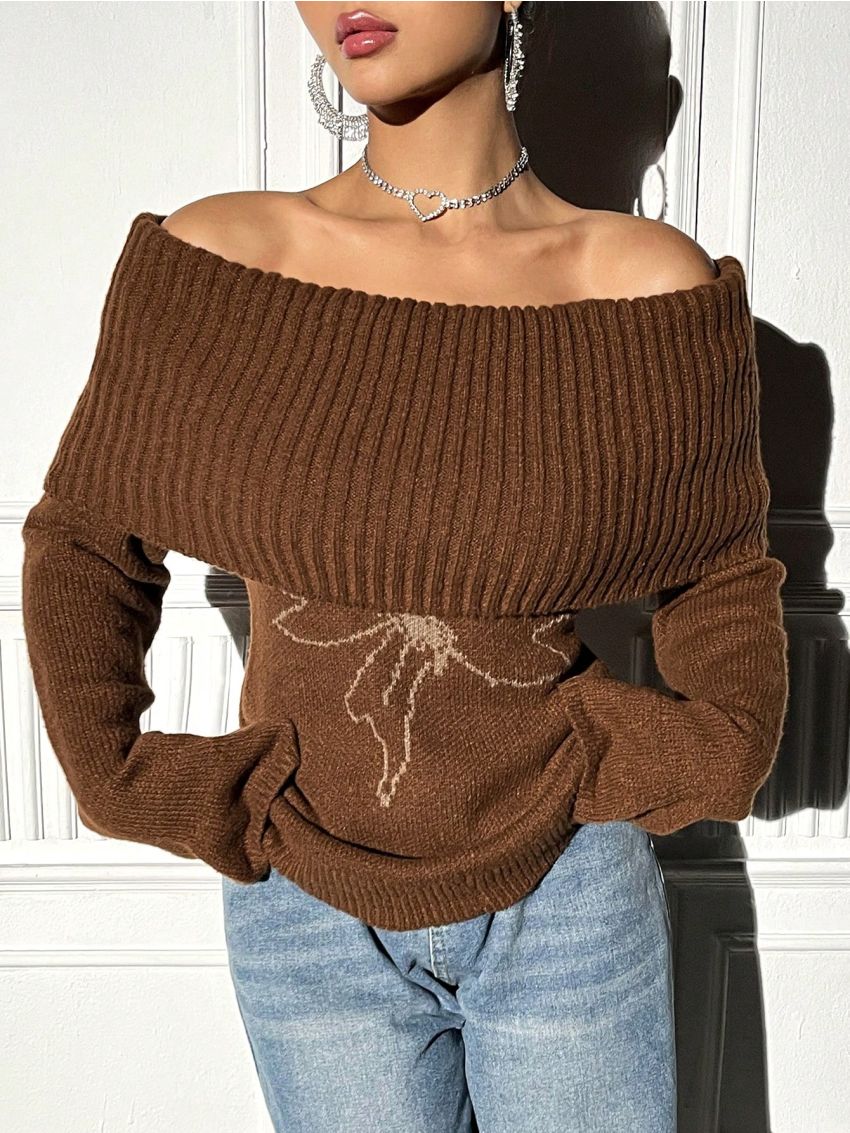 SHEIN ICON Women's Solid Color Off-shoulder Sweater With Butterfly Pattern