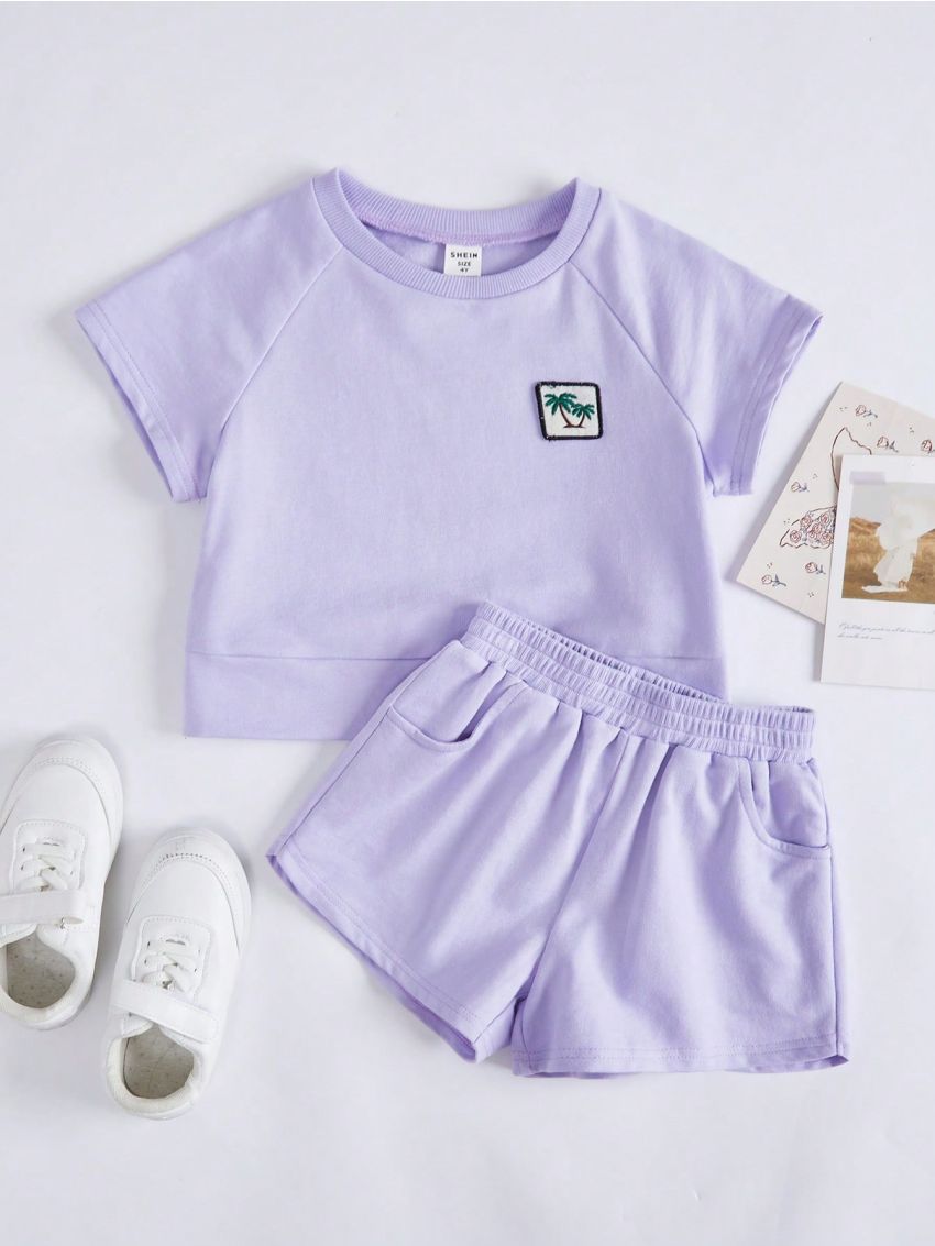 SHEIN Kids KDOMO Young Girls' Casual Loose Fit Palm Tree Patchwork Round Neck Drop Shoulder Short Sleeve T-Shirt And Shorts Set