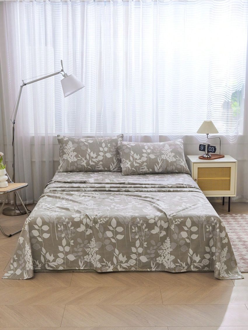Polyester Grey Botanical Floral Pattern Bedding Set, 4pcs