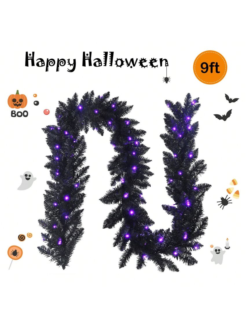 Costway 9ft Pre-lit Christmas Halloween Garland Black w/ 50 Purple LED Lights