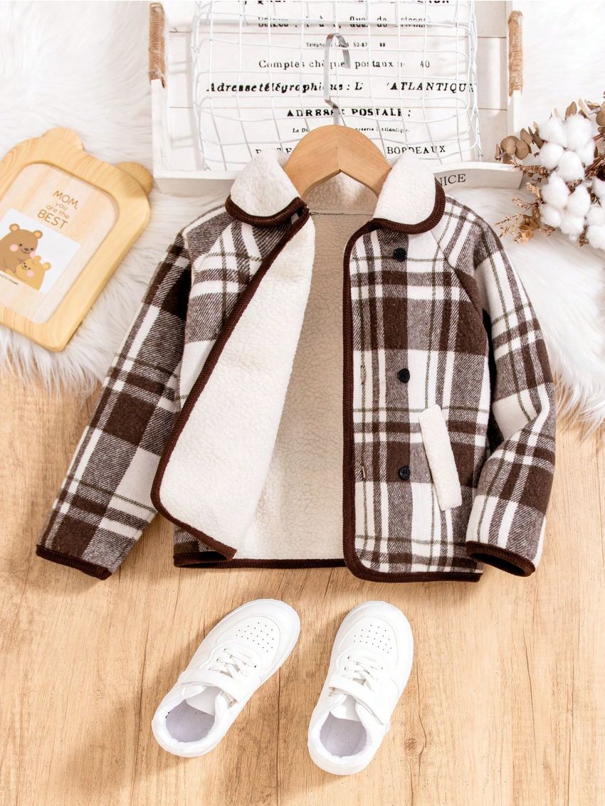 SHEIN Kids EVRYDAY Boys' Checked Plaid Insert Padded Jacket With Raglan Sleeves