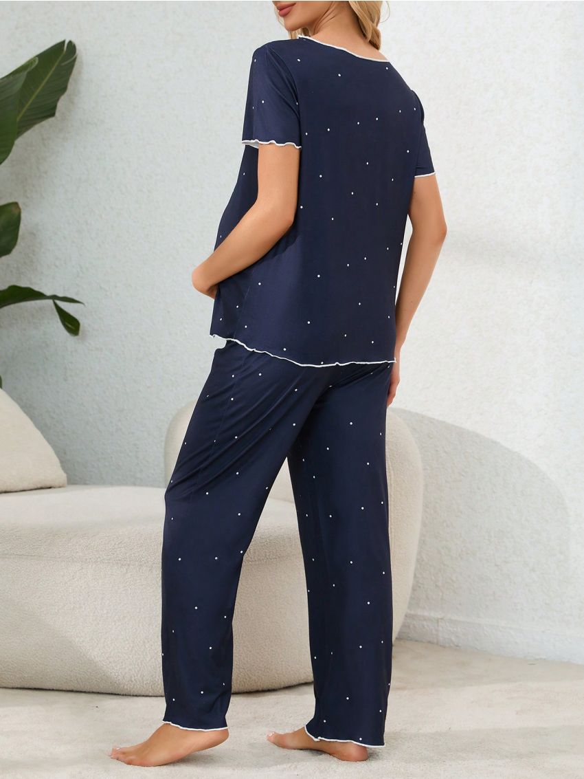 Maternity Contrast Trim Polka Dot Printed Pajama Set