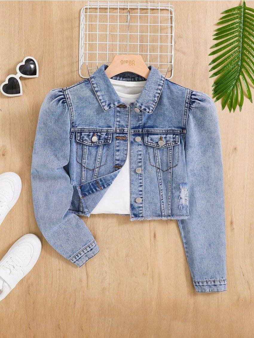 SHEIN Teen Girl's Casual Loose Fit Bubble Sleeve Denim Jacket