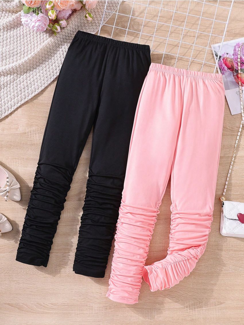 SHEIN Kids EVRYDAY Big Girls' Solid Color Elastic Waist Pants With Pleats