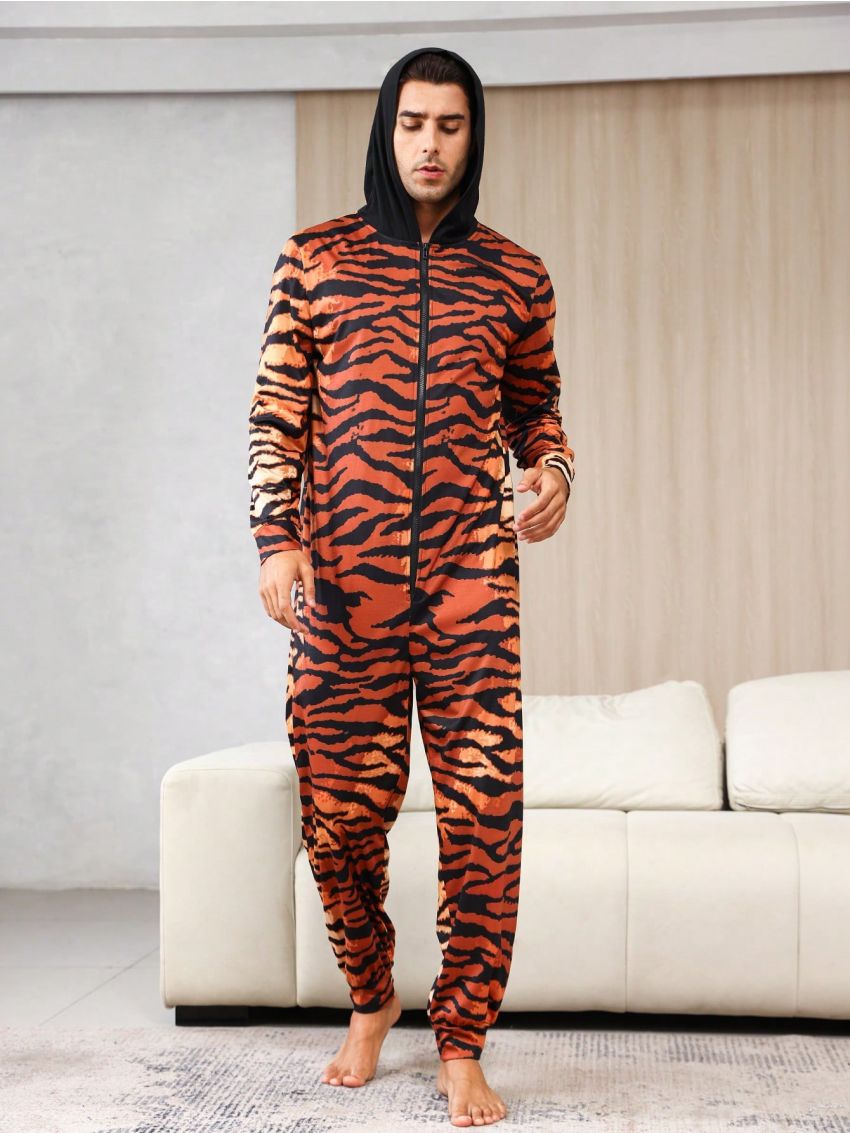 Men's Tiger Striped Zipper Hooded Homewear Jumpsuit