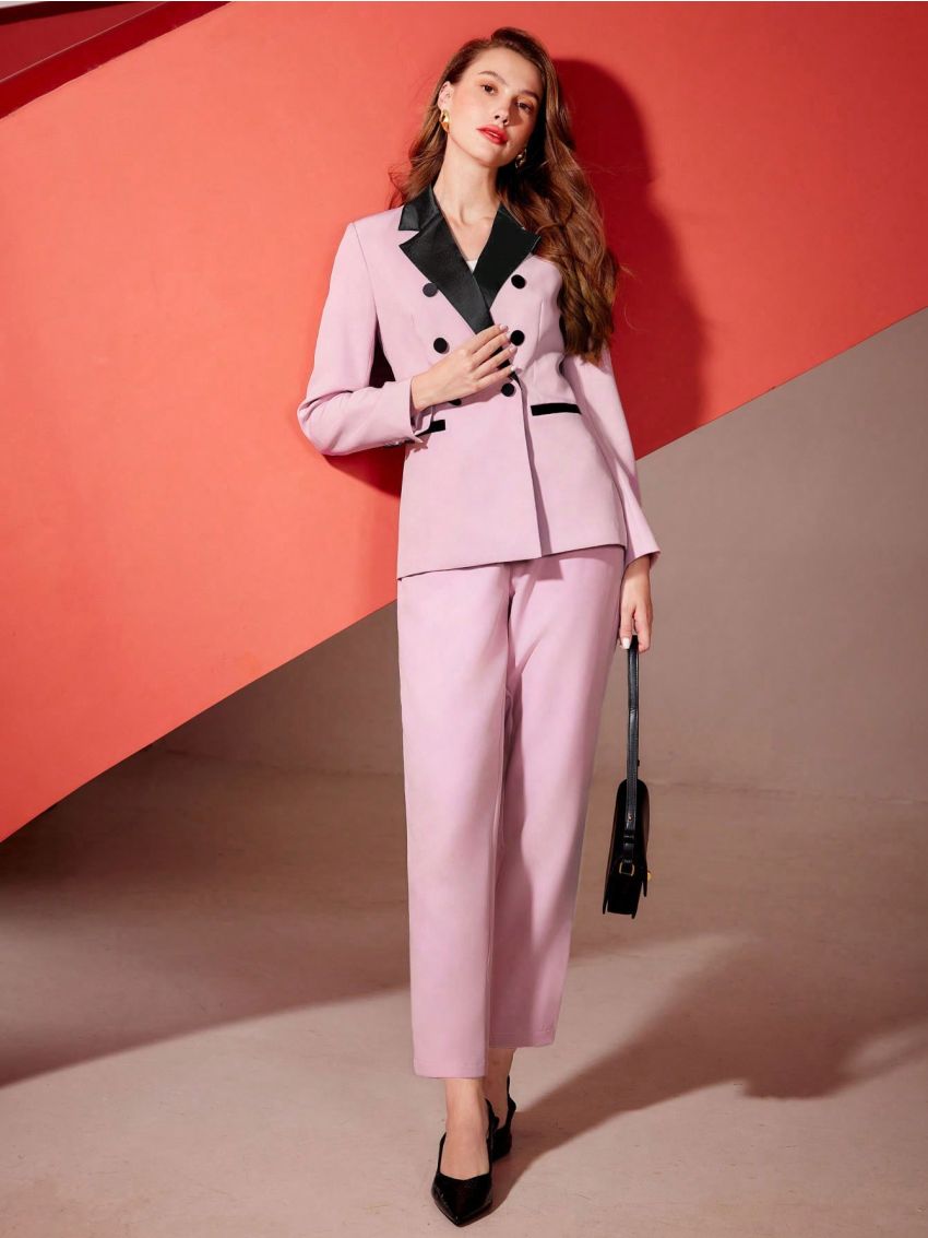 MOTF PREMIUM CONTRAST LAPEL COLLAR DOUBLE BREASTED BLAZER