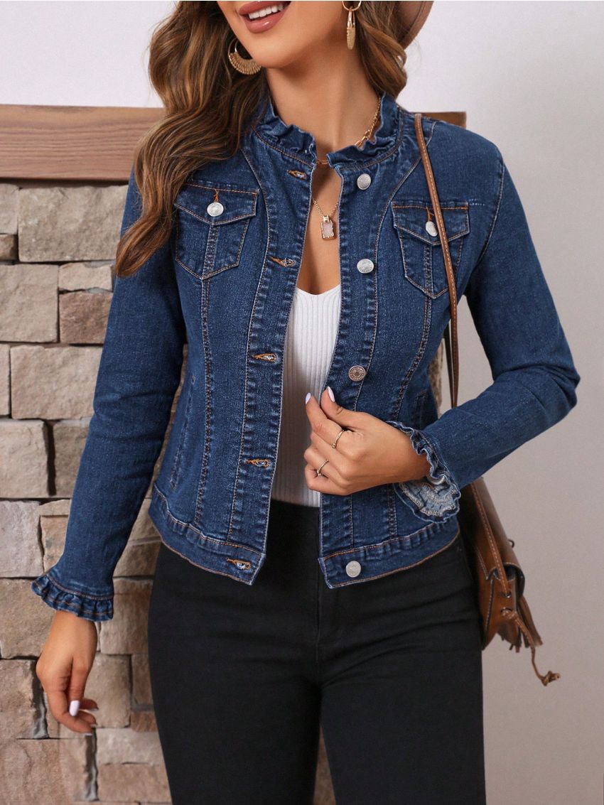 SHEIN LUNE Women's Solid Color Denim Jacket With Two Pockets