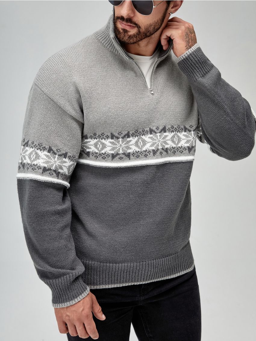 Manfinity Men Geo Pattern Quarter Zipper Drop Shoulder Sweater